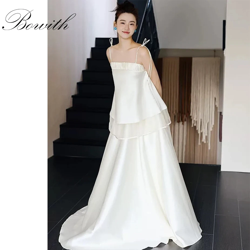 

Bowith Spaghetti Straps Korean Wedding Dresses Customized Tiered Satin Wedding Snap Dresses Bridal Reception Dresses
