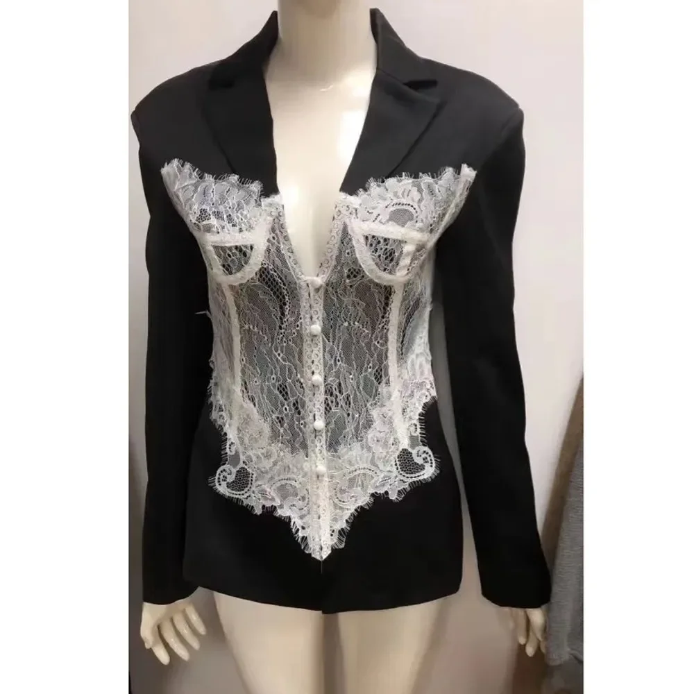 Women Blazer 2025 Spring  Lace Stitched Single Breasted Ladies Black Blazer Coat Vintage Women's Slim Suit Jacket New