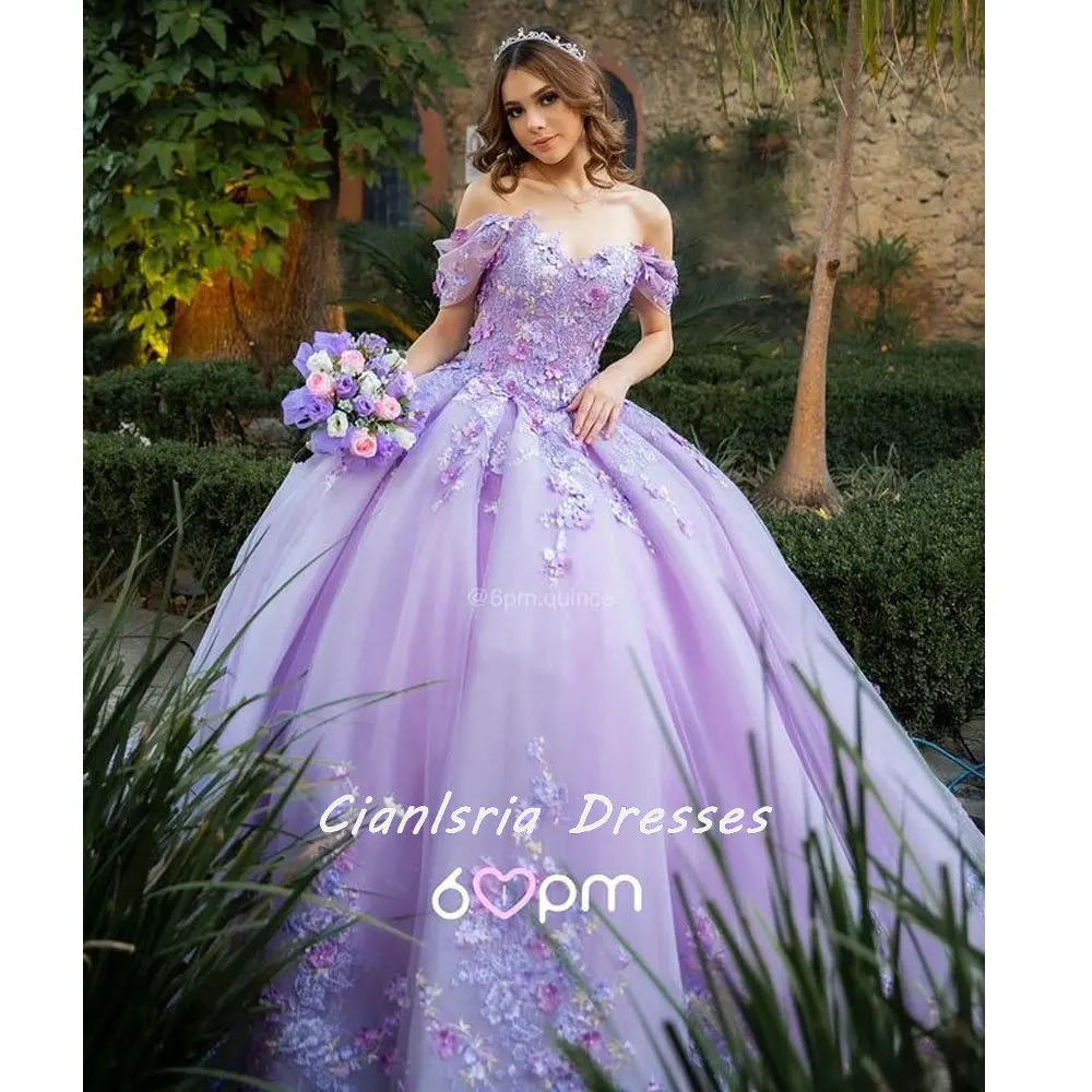 Lila Off De Schouder Corset Mexicaanse Quinceanera Jurk Baljurk 3D Bloemen Applicaties Lace Sweet 16 Vestido De Xv Anos