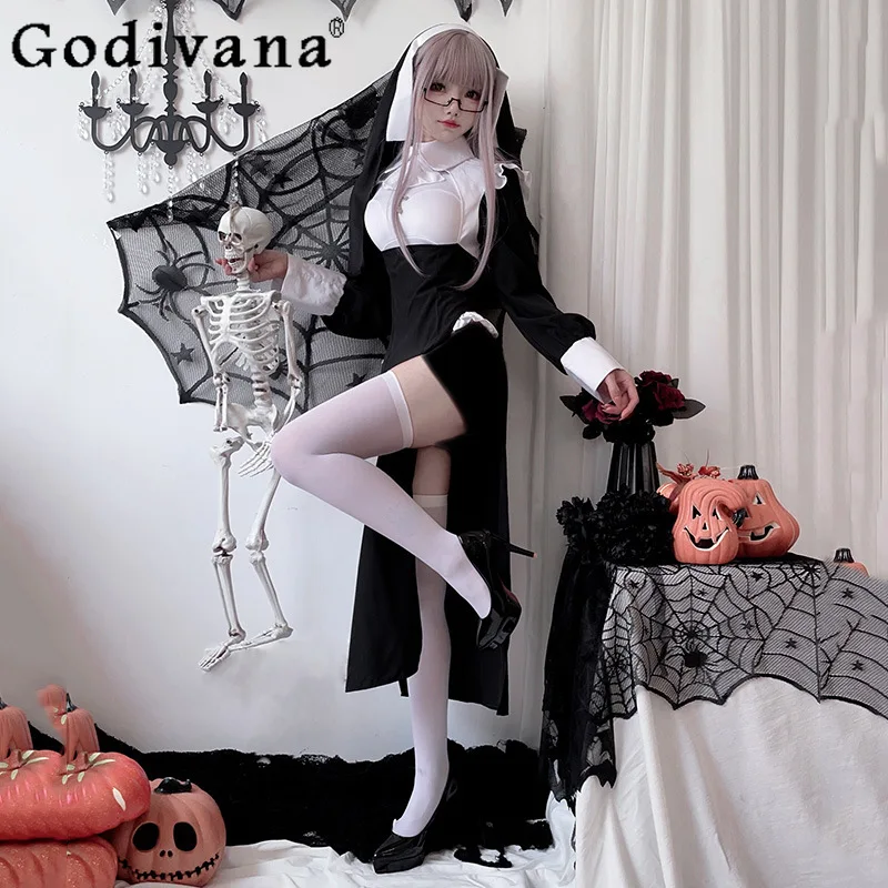 Disfraz de sirvienta de vampiro para mujer, disfraz de Halloween, Grim Reaper, conjunto de vestido de monja, disfraz de enfermera Sexy, trajes largos ajustados