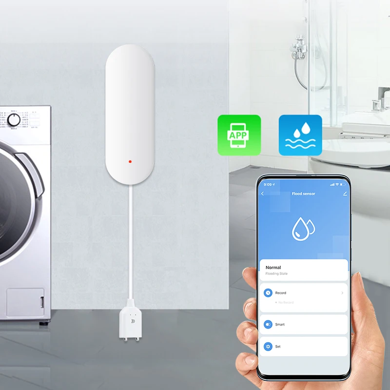 Tuya-Sensor de fugas de agua WiFi, Detector de inundación inteligente para el hogar, Control por aplicación, alerta de inundación, protección de seguridad de desbordamiento con Alexa y Google