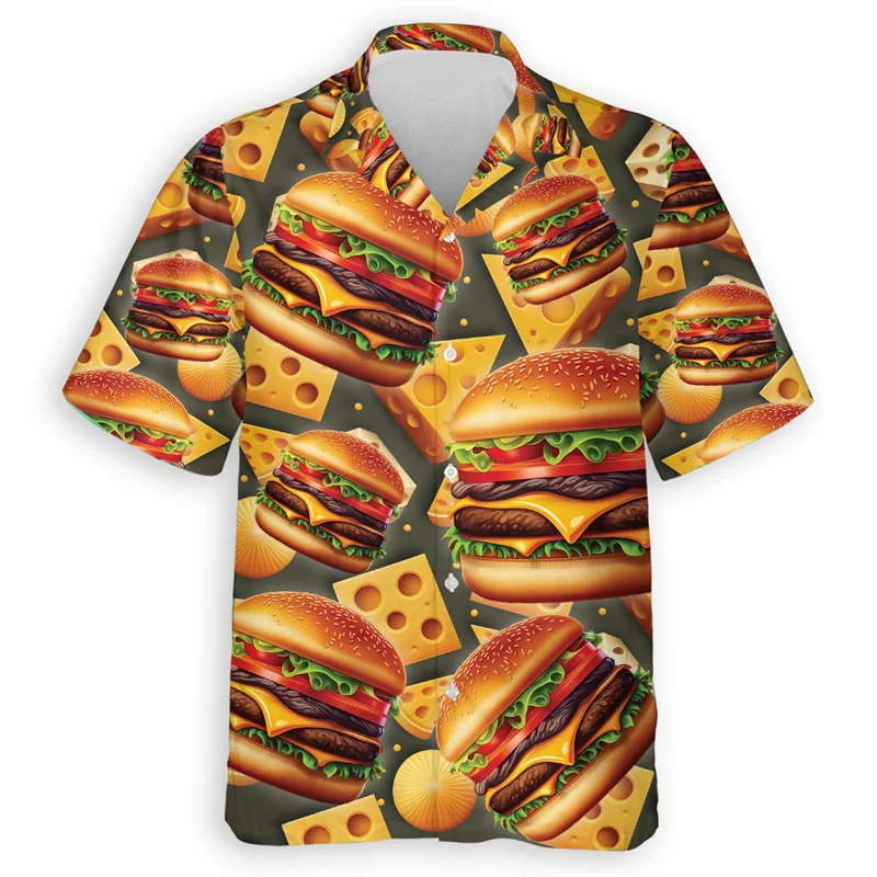 Hamburger French Fries Hawaiian Shirt For Men Cool Beach Short Sleeve Tee Shirts 3d Printed Delicious Food Shirts Clothes