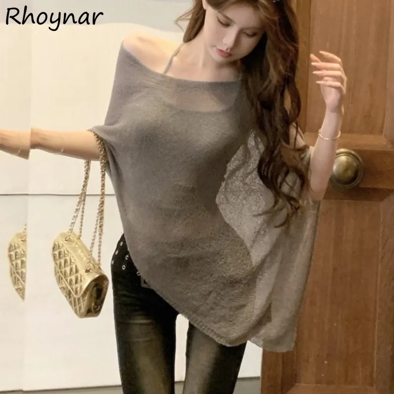 Irregular Knitted Pullovers Women Korean Clothing Slant Shoulder Seethrough Sexy Mujer Loose Cozy Retro Casual Summer Holiday