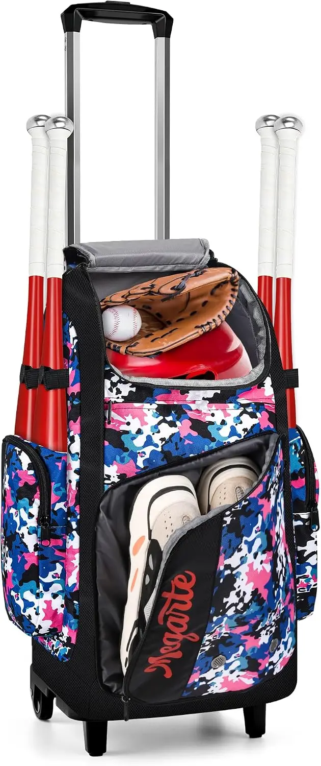 Rolling Softball Backpack Gear Bag Holds Four Bats Helmet Catcher Equipment And Shoes For Youth Adult Travel