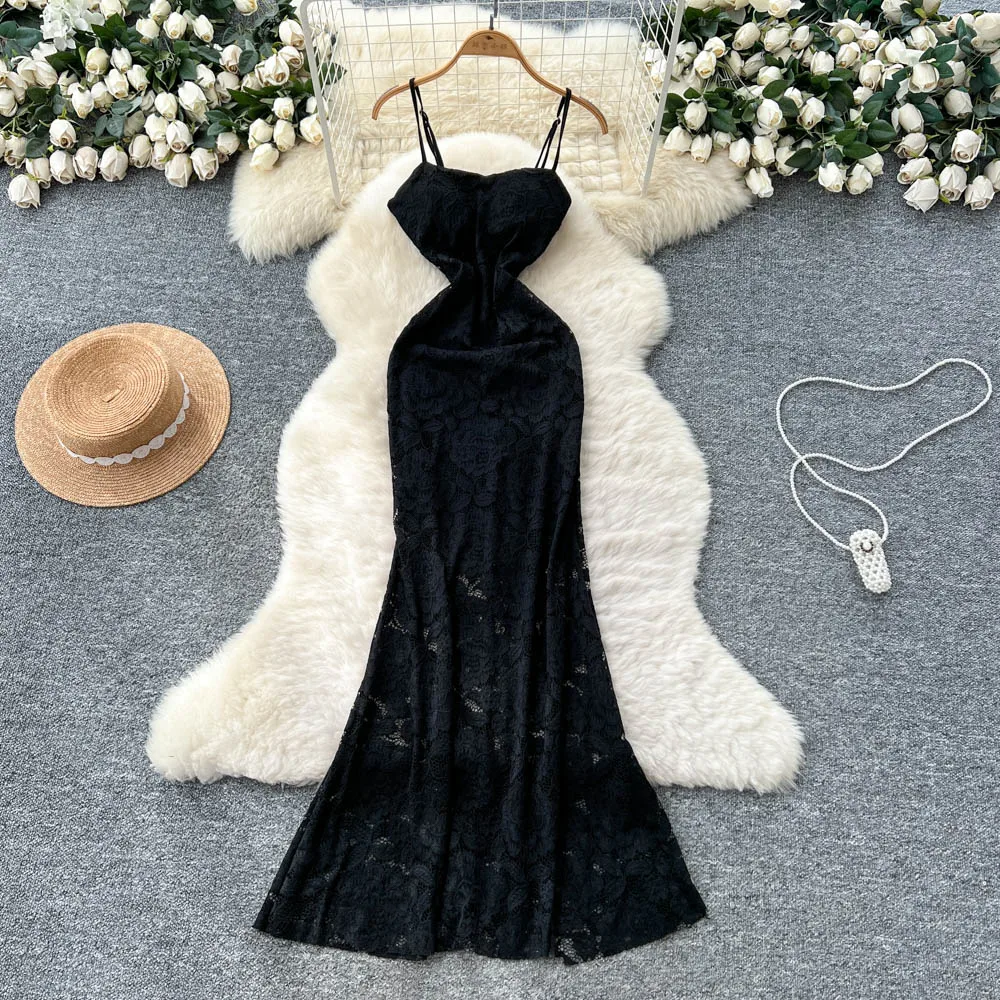 High-end ชุดสตรีหรูหรา Socialite Heavy Cutout โครเชต์ลูกไม้ Camisole ชุดสตรีภาษาฝรั่งเศสคําเอว-cinching ชุดยาว