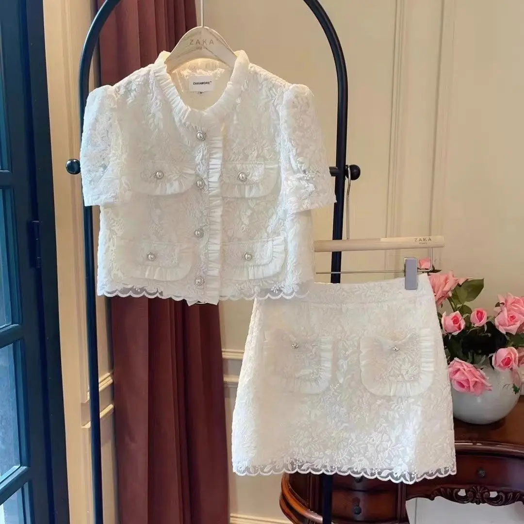 High-End Light Luxury Jacquard Short-Sleeved Top High Waist Skirt Two-Piece Set 2024 Summer High-Grade Socialite Suit Skirt