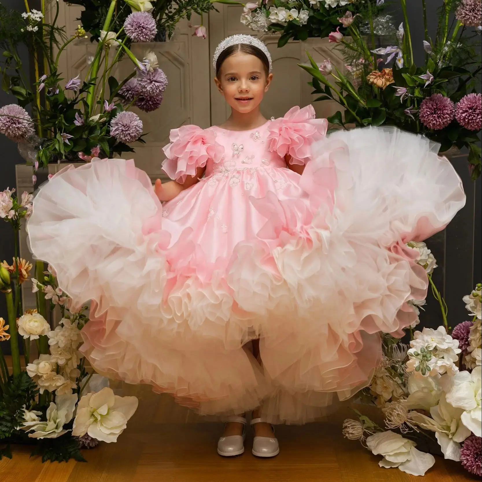 Rosa babados vestidos da menina de flor para o casamento personalizado alta baixa princesa vestidos festa aniversário da menina primeira comunhão vestido