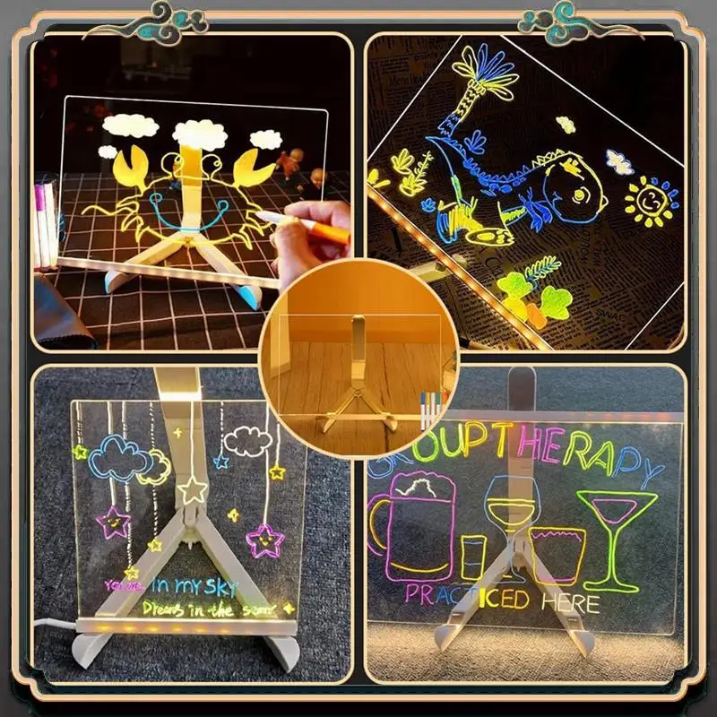 Reliable-2025 LED Color Note Board Acrylic Adjustable Bracket Message Board, 7 Colored Pens, 20X20cm.