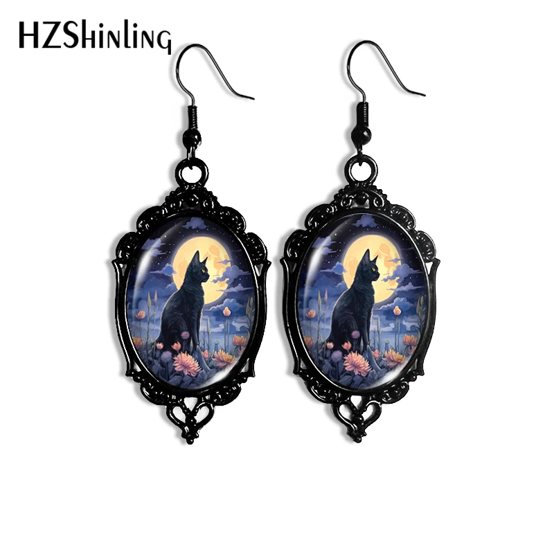 2024 New Green Moon Cat Dangle Earring Halloween Black Lace Earrings Oval Glass Photo Jewelry Gifts Party