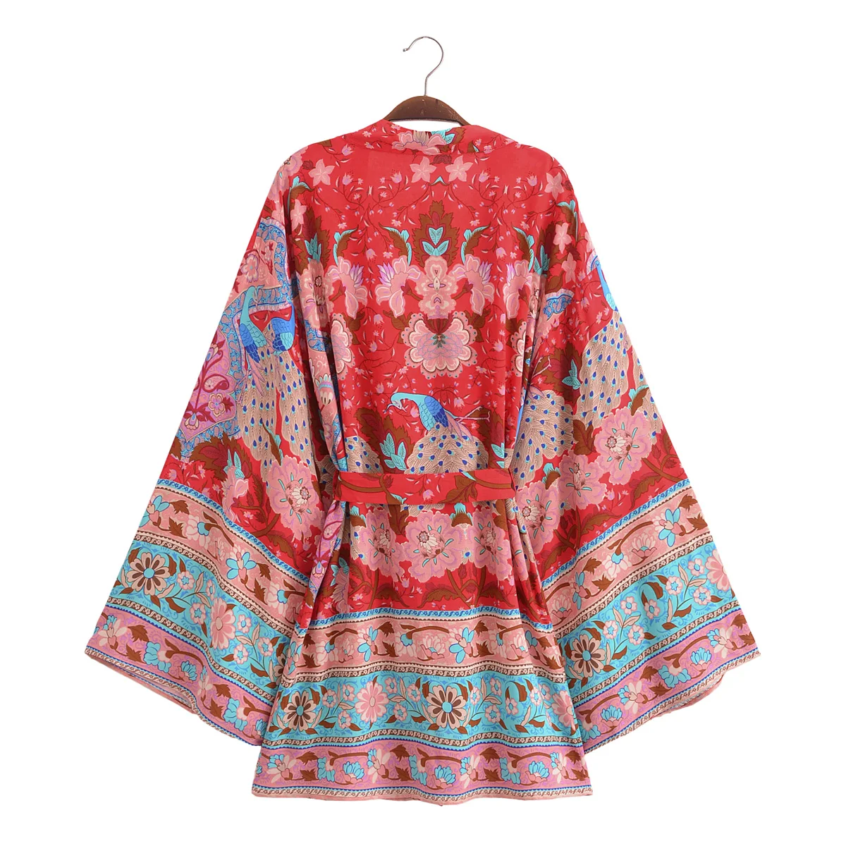 BOHO Women Red Flower Peacock Print Kimono Cardigan Holiday Bat Full Sleeve Tide Bow Sashes Shirt Loose Robe Beach Cape