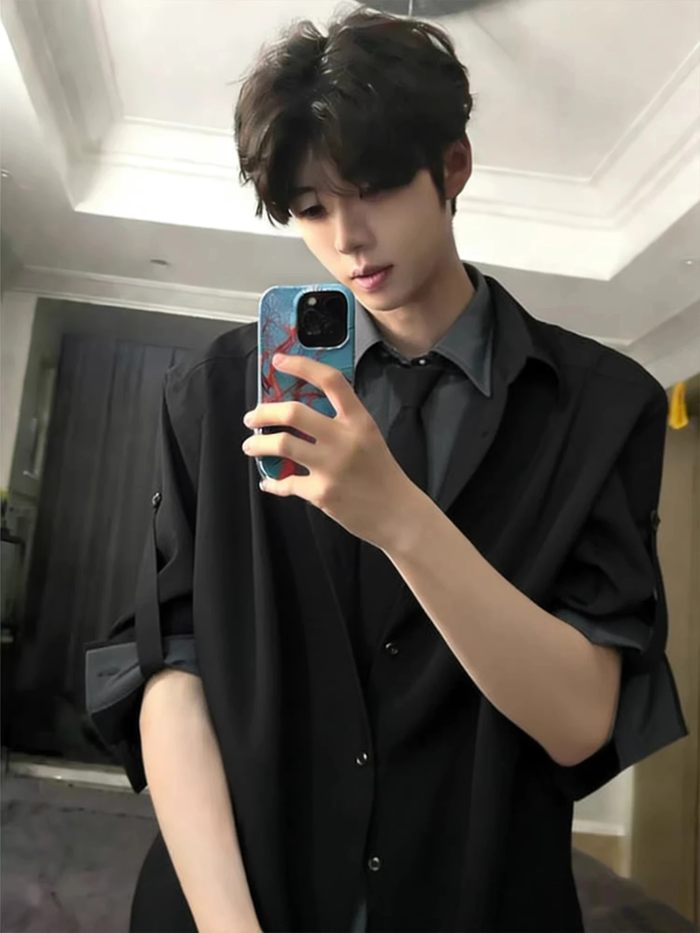 

Casual Ele Men's Long Sve irt Fake Two-Piece Suit Spring Autumn Plaid Tie Design Loose Fit Polyester Fiber Youth Trend