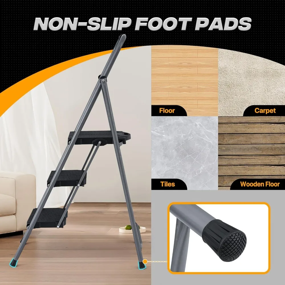 compact 3-step folding ladder with wide anti-slip treads for home use
