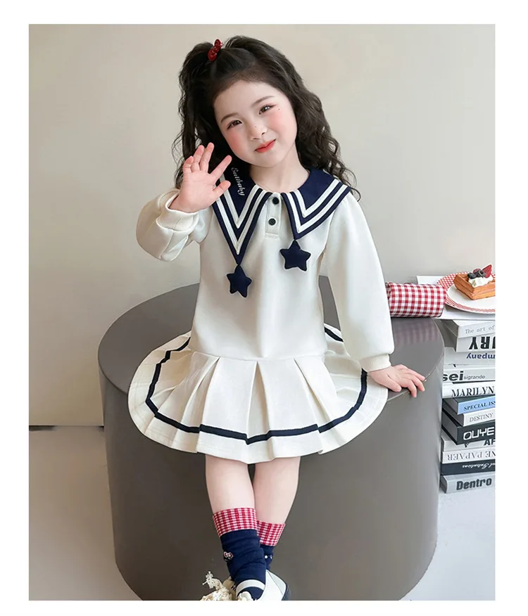 Girls Dress 2026 Spring New Korean Version Navy Collar Western-style Dress Casual Fashion Daily Temperament Wear 6
