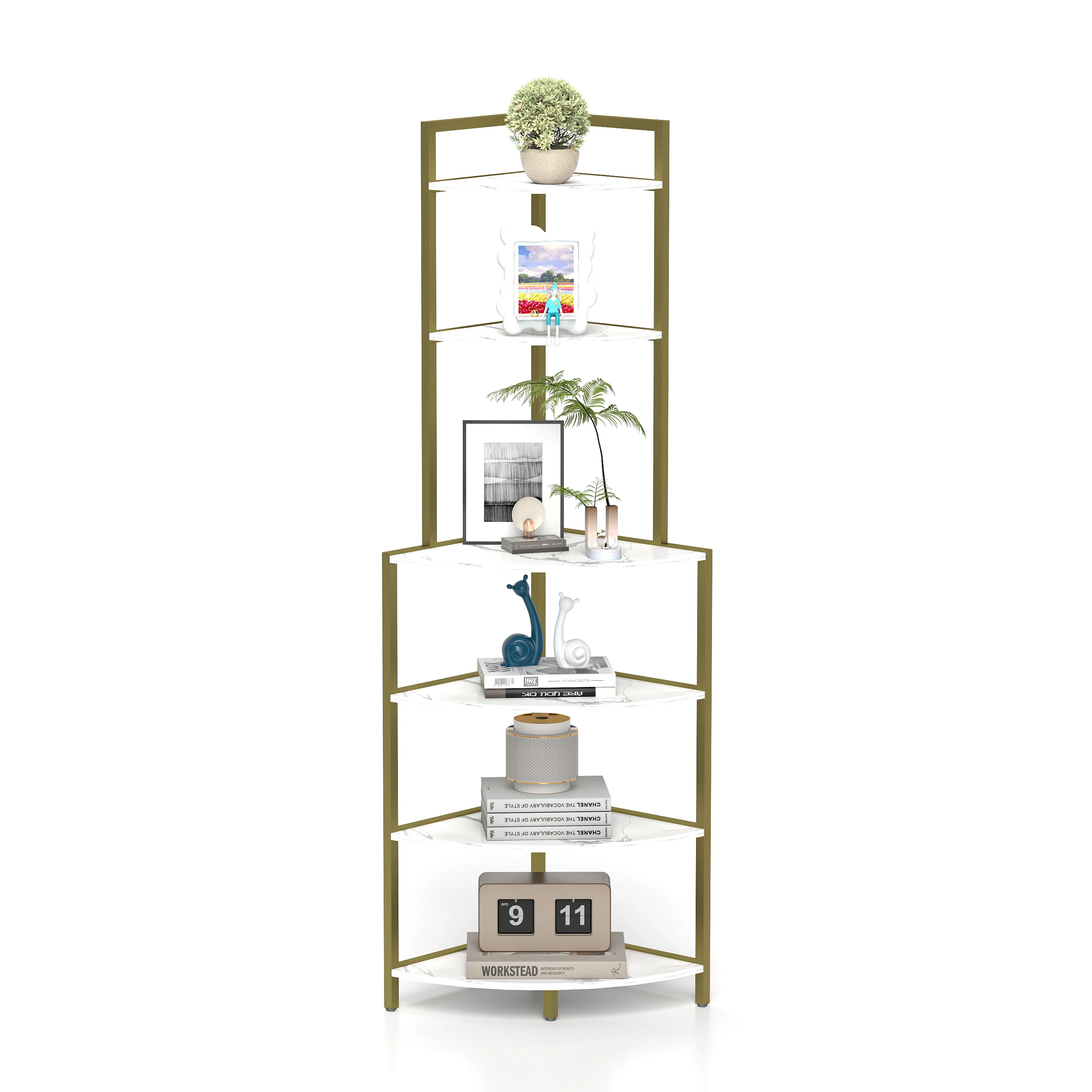 6-Tier Corner Open Shelf Modern Bookcase Wood Rack Freestanding Shelving Unit， Living Room Home Office Kitchen Small Space