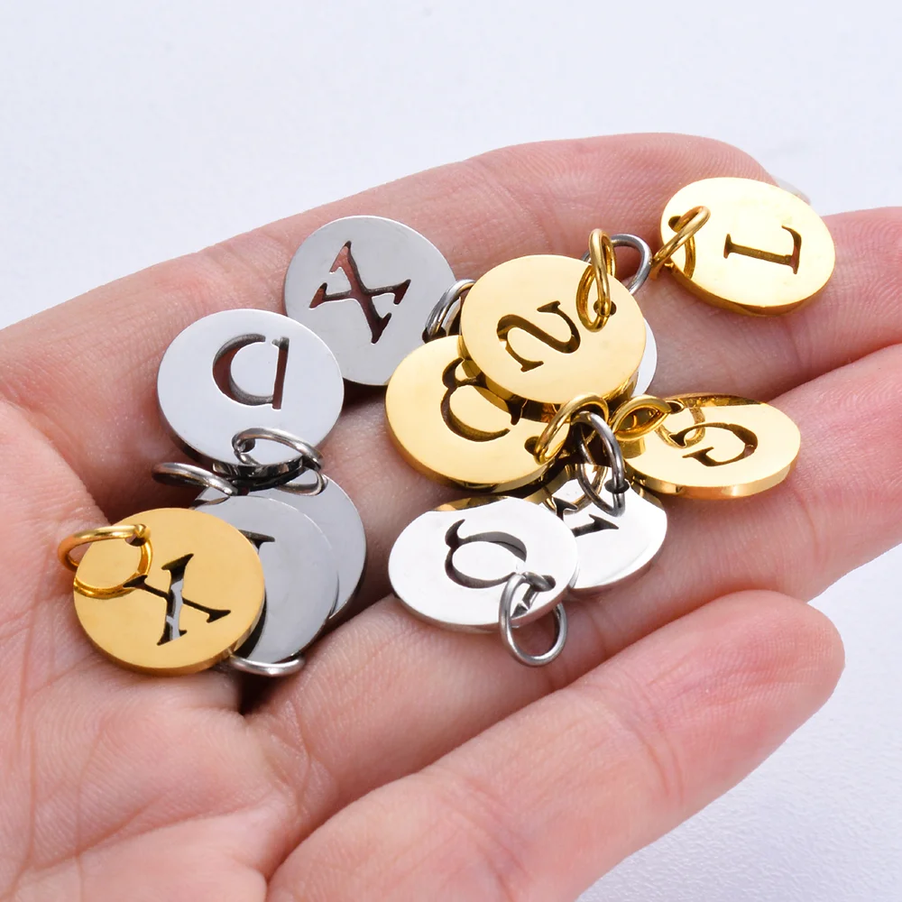 5 Stück/Set 12mm 26 Buchstaben Edelstahl-Anhänger Alphabet-Halskettenanhänger DIY Schmuckherstellung Charms mit Ringen – Detail 3