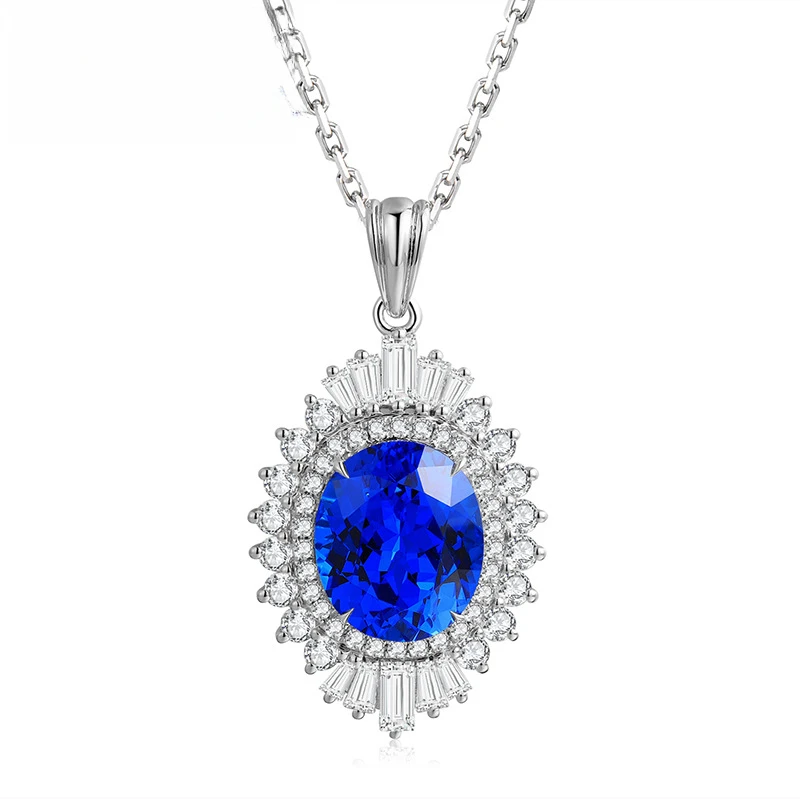 Vintage Style Lab Grown Royal Blue 6CT Spinel And Side White Gemstone Pendant Silver Necklace For Women Christmas Jewelry Gift