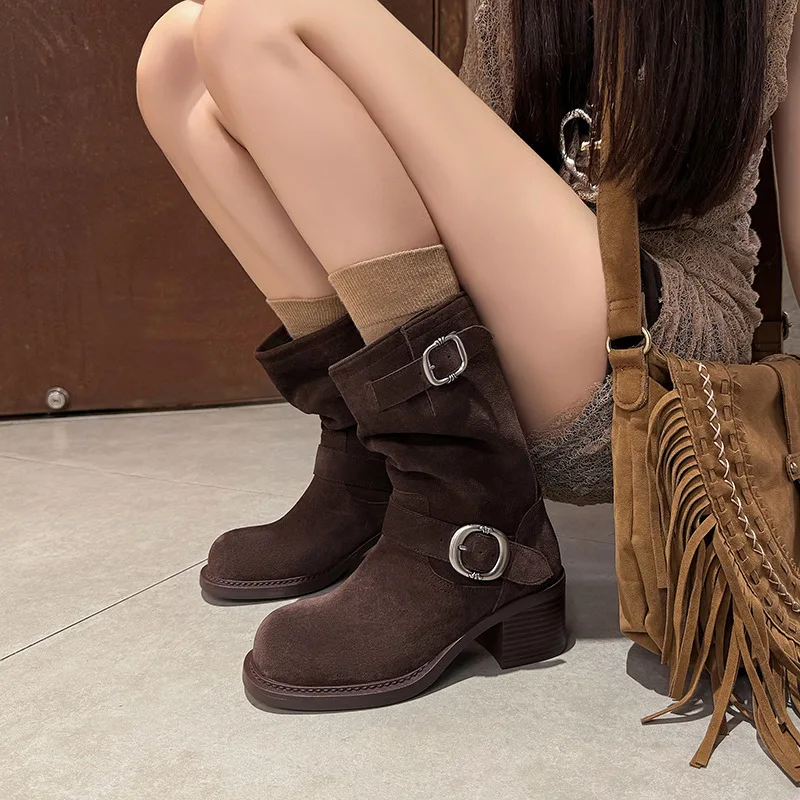 

Arden Furtado Autumn Cow suede Belt buckle Riding boots Round toe Slip-on Chunky heels Mid-Calf boots Large size Women's Boots