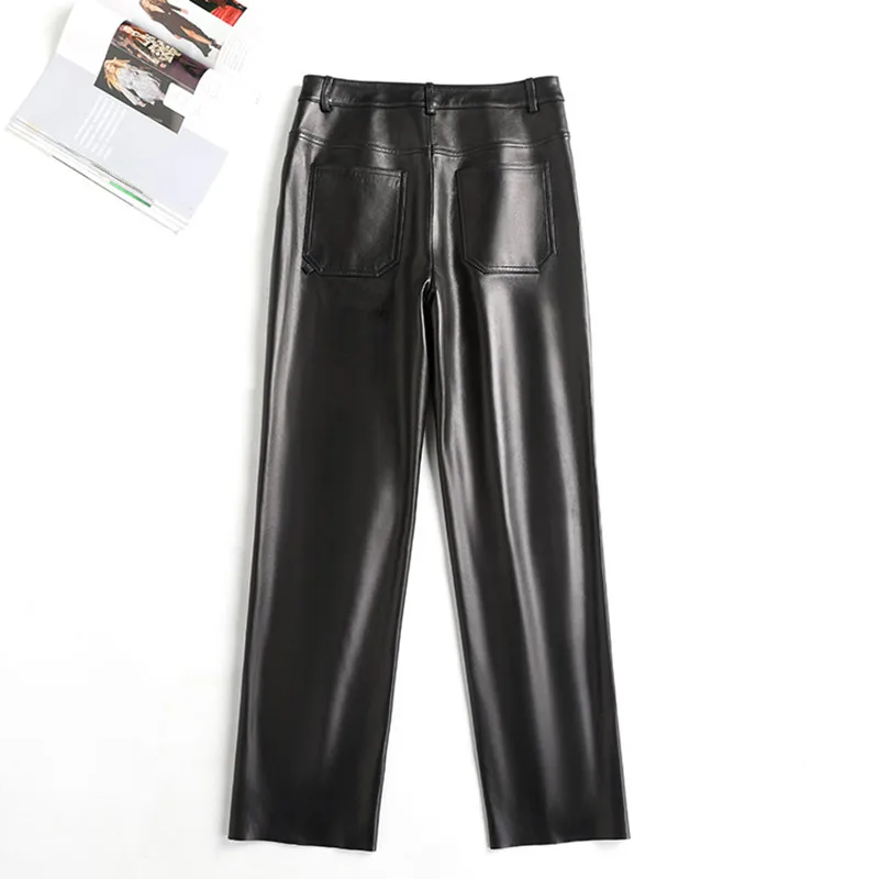 Women\'s Sheepskin Leather Pants, Slim High Waist Straight, Genuine, Plus Size, Autumn, Winter