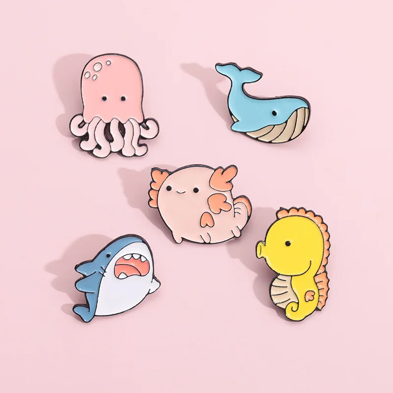 Cute Sea Animal Brooch Octopus Seahorse Whale Dagger Shark Puffer Fish Jellyfish Turtle Metal Badge Punk Lapel Pins Jewelry Gift