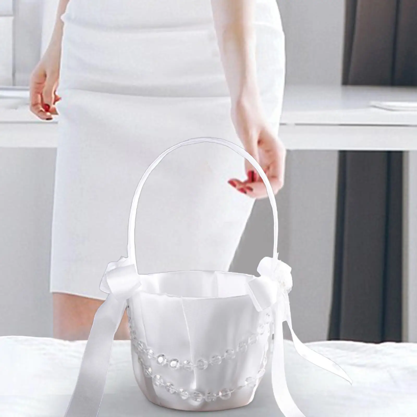 Flower Girl Basket Wedding Basket Multifunction Storage Basket Satin Ribbons Basket for Party Celebration Home Bridesmaid