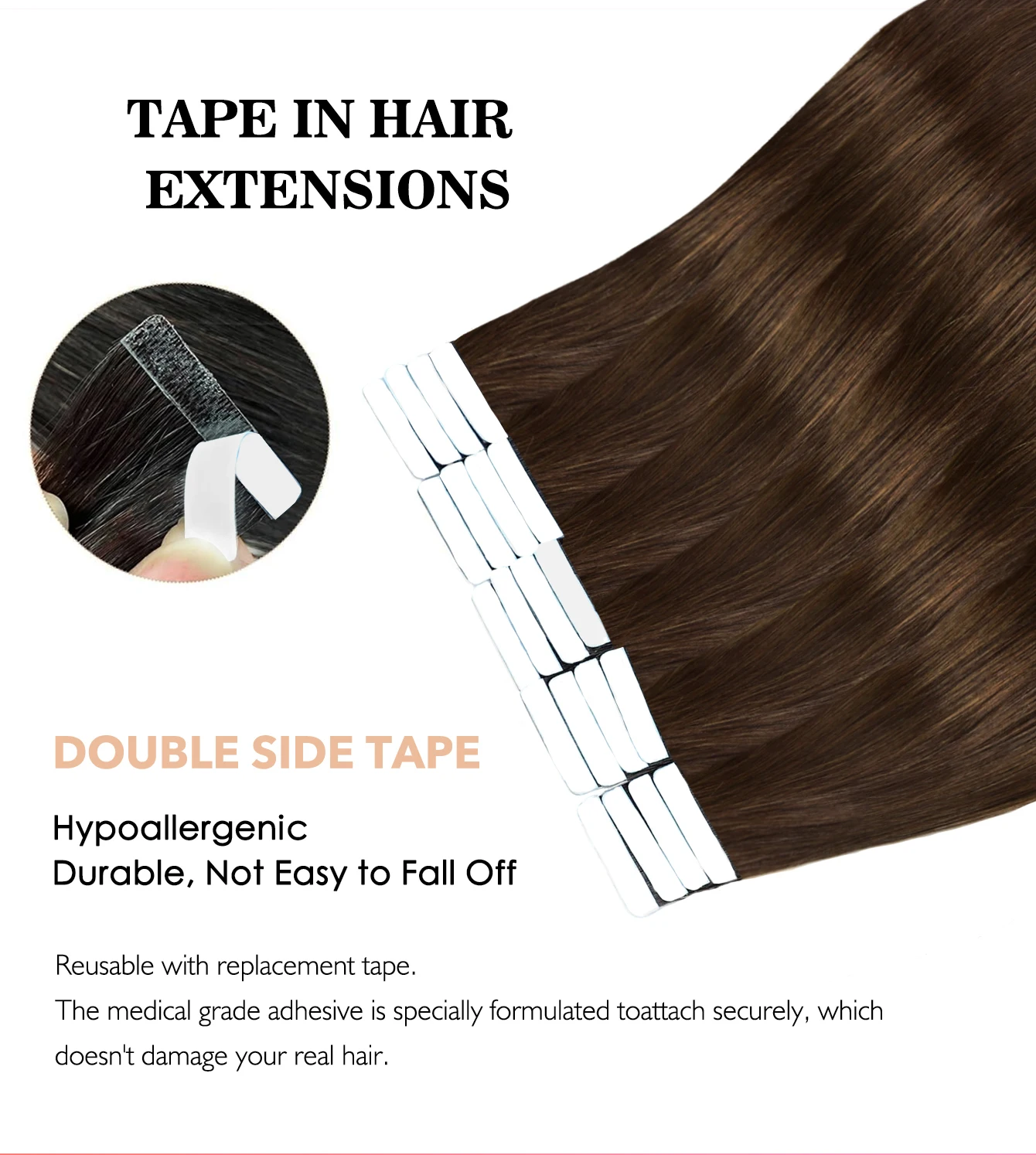 100% レミーテープでヘアエクステンション人毛本物の自然なブラジリアンヘアストレートシームレススキン横糸女性のためのダークブラウン