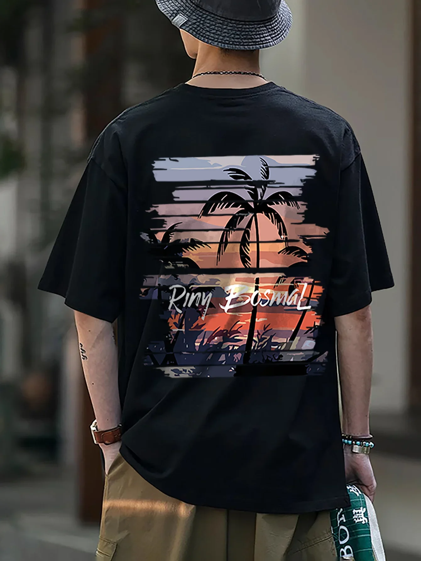 T-shirt manches courtes col rond pour hommes, 100% coton, à la mode, décontracté, ample, atmosphère d'été, imprimé palmier