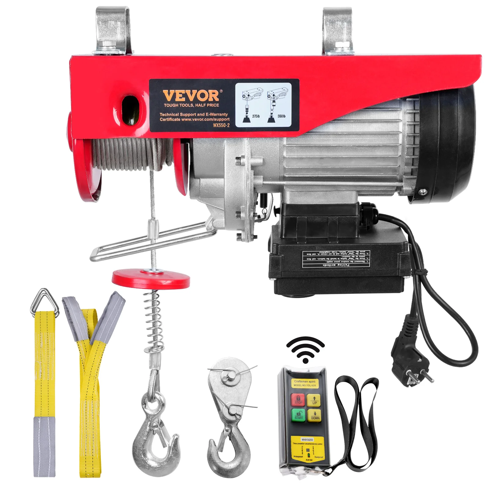 SucceBuy 250kg Elektrische Takelkraan Draagbare Lifter Overhead Garage Lier met Bedrade/Draadloze Afstandsbediening voor Auto Garage boot