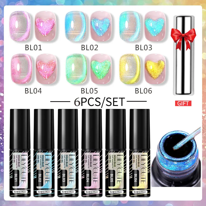 Lilycute 6 Stuks Aurora Oceaan Blauwe Voering Gel Polish Kit Reflecterende Glitter Schilderij Gel Nagellak Semi-Permanente Uv-Gel Nail Art