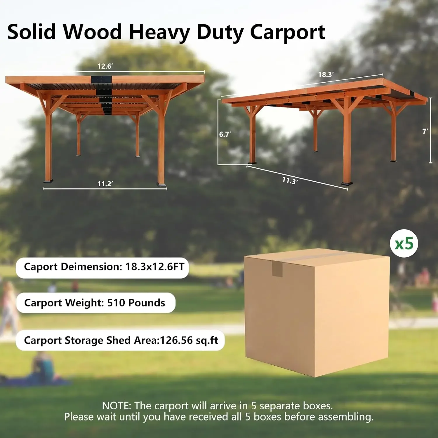 18.3 x 12.6 x 7 FT Heavy Duty Wooden Carport Pavilion Gazebo with Hard Top Steel Roof, Patio Gazebo for Parking Car, Boats