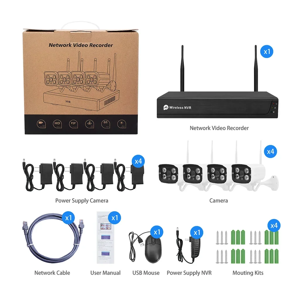 Tuya cctv home security set AI 3MP  HD 4 channel wifi wireless c ameras system 1TB Hard drive NVR kit