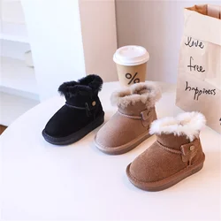 Genuine Leather 2024 Winter Children Snow Boots Soft Sole Warm Plush Pocket Design Zip Side Kid Shoes Fashion Toddler Girls Boot