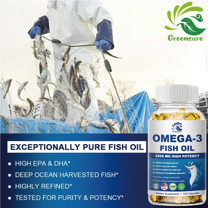 Greenture minyak ikan Omega-3 kapsul mendukung sistem saraf otak baik kardiovaskular & anti-peradangan & kesehatan kulit Antioksidan