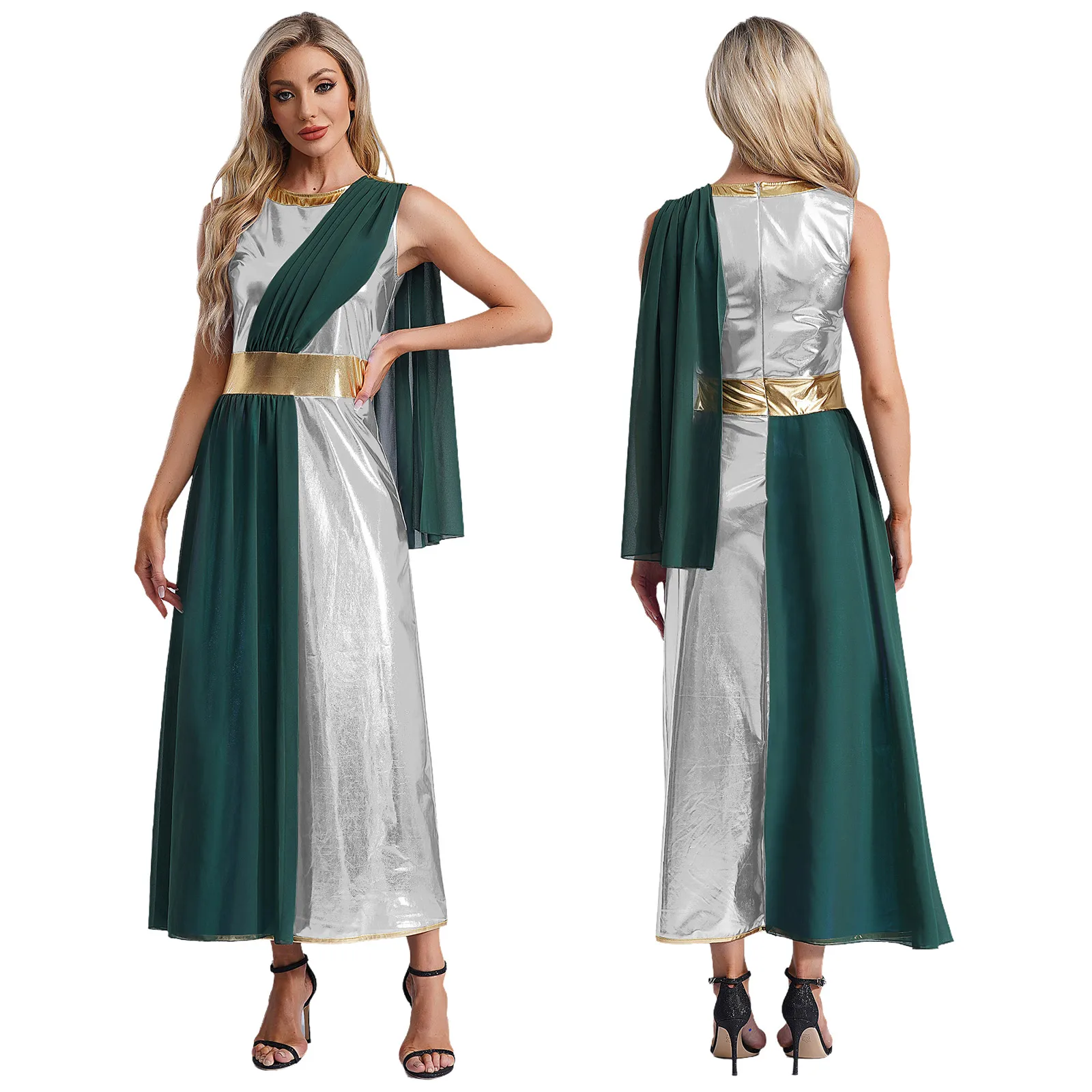 

Women Halloween Greek Queen Toga Performance Maxi Dress Gown Sleeveless Shiny Tunic Dress for Carnival Party Role Play Costumes