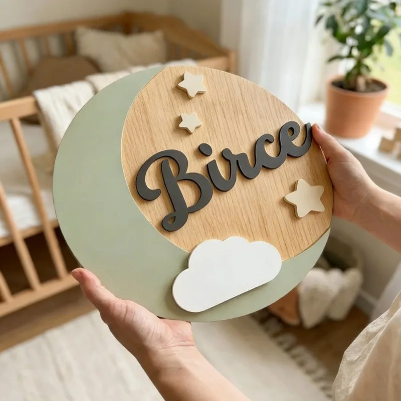 Custom Wooden Name Sign, 3D Cloud & Star Decor, Personalized Baby Name Plaque, Nursery Room Ornament, Tabletop Decor, Newborn Ba