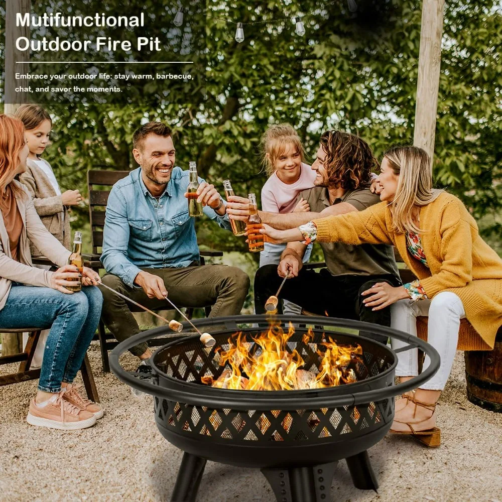 Panovue 32 Inch Round Metal Fire Pit with Grill - Wood Burning, Lid & Fire Poker for Patio Backyard Garden Bonfire Party