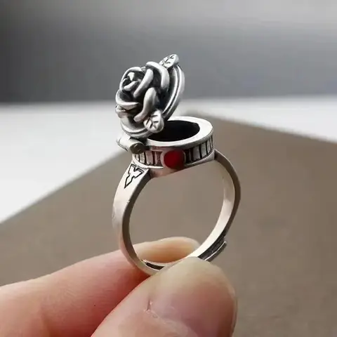 New Antique Style Openable Tibetan Gau Locket Ring with Rose Design Secret Storage Vintage Jewelry Gift Idea