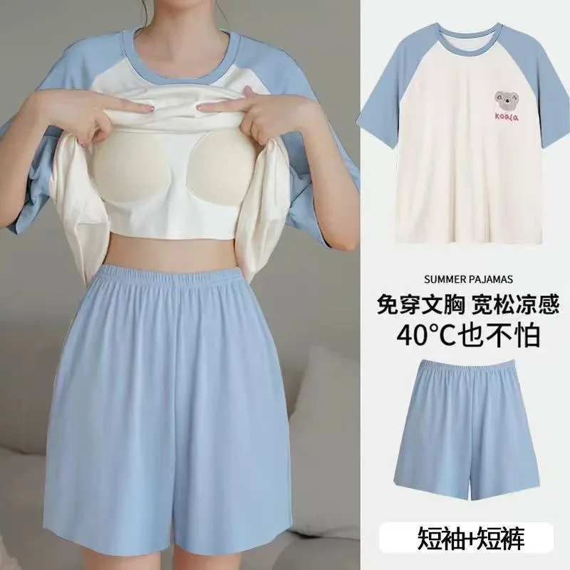 New Women Summer Plus-Size Short-Sleeve Shorts Pajama Set with Chest Padding Soft Homewear Two-Piece Set Girls Lady Loungewear
