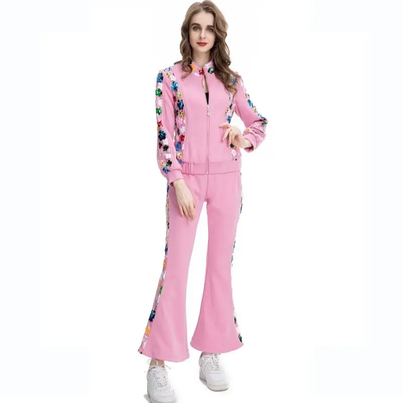 

Clothes Set For Women French Style Fashion Flowers Sequins Stand Collar Zipper Jacket + Flare Pants Pink Casual Suits S-XXL