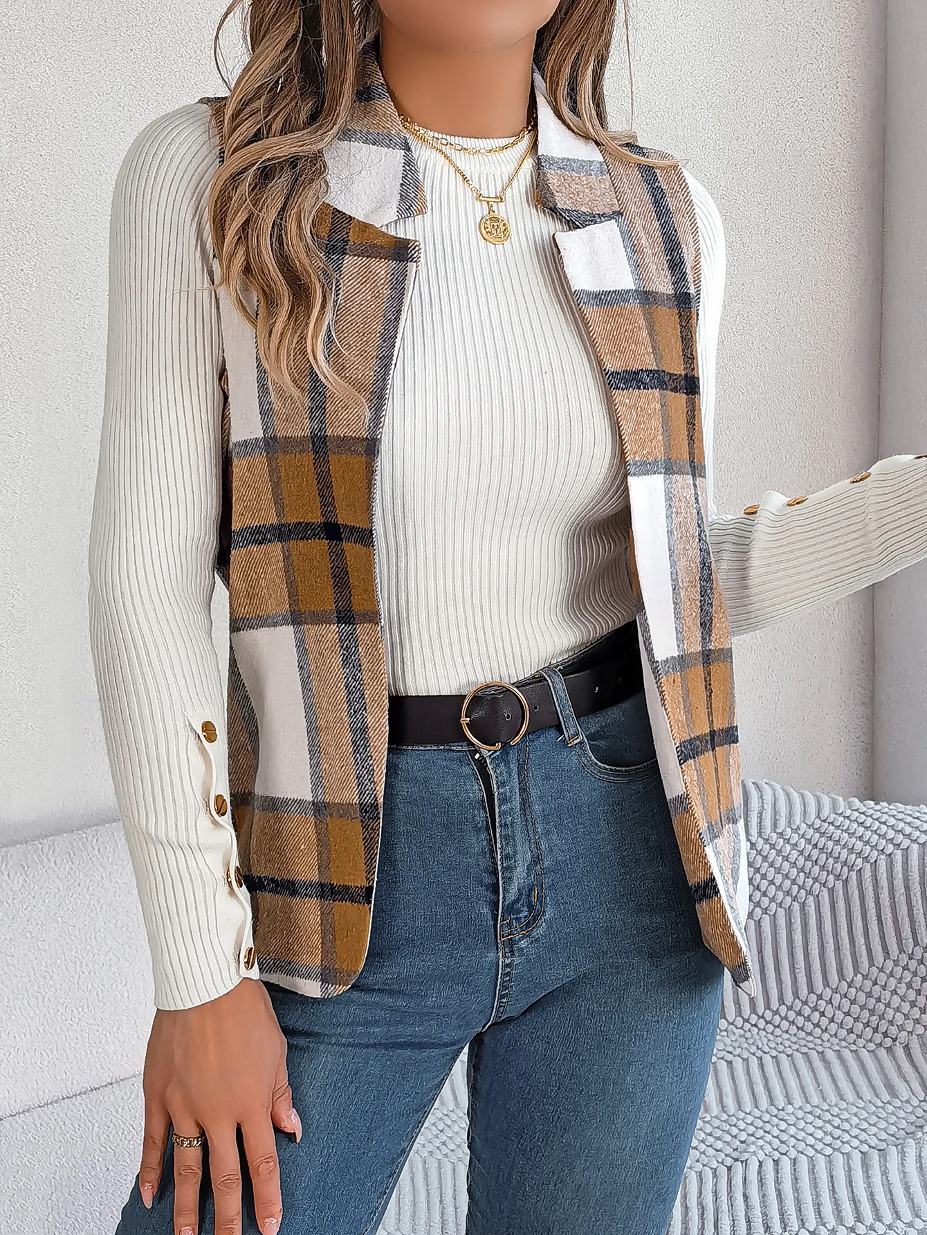 Autumn Winter Casual Plaid Sleeveless Woolen Jacket Vest Women Coats