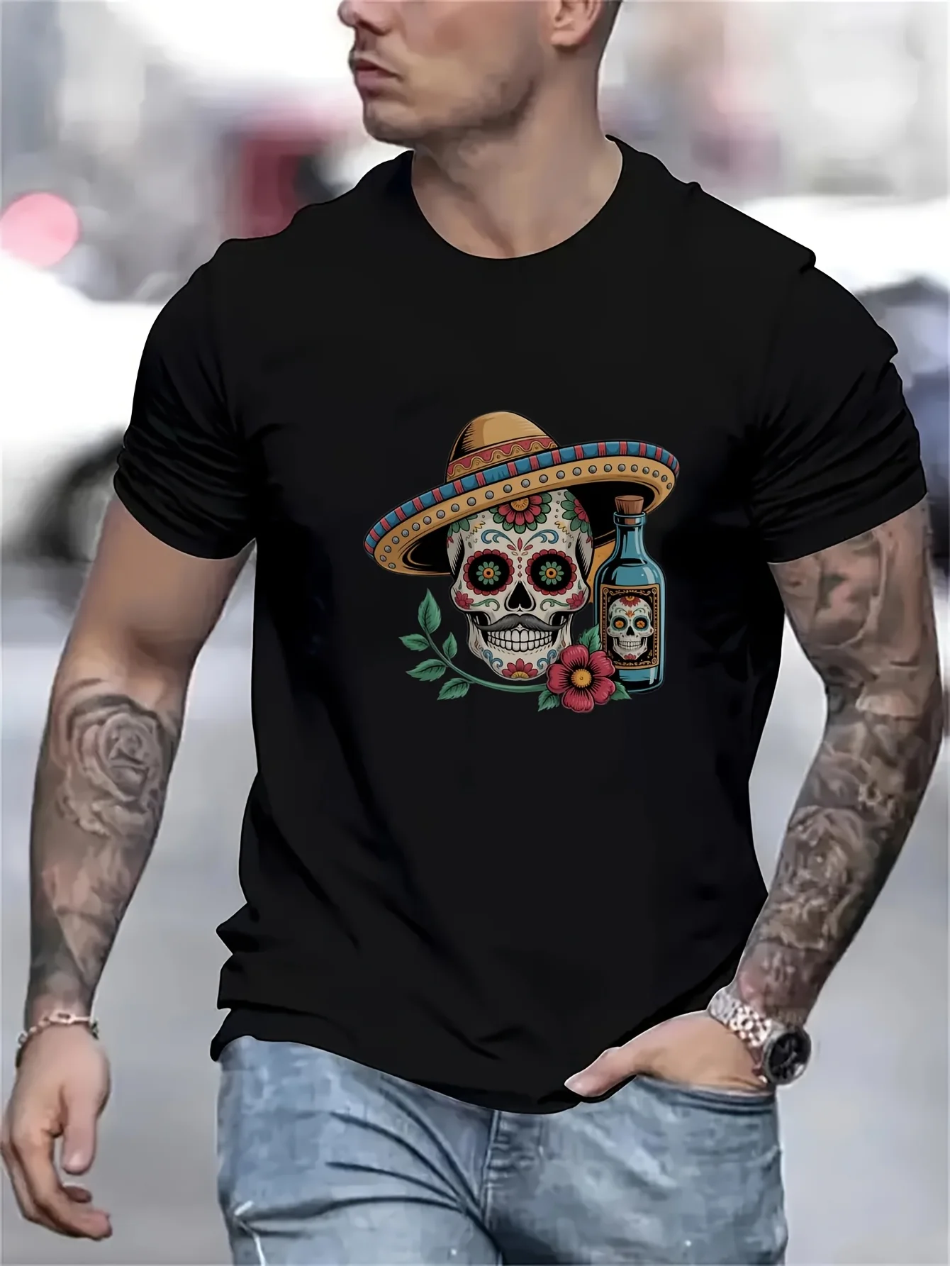 T-shirt pour homme 2026 à thème mexicain - Coton noir à manches courtes avec imprimé sombrero et bouteille de tequila, motif tête de mort - Breatha