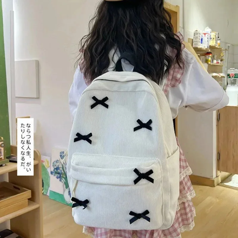 Bow Backpack 2024 Japanese Korean Girls Nylon Large Capacity Backpack Corduroy Zipper Student Unisex Lightweight Backpack New