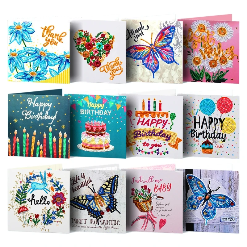 

12 Pcs/Set DIY Diamond Painted Birthday Cards Holiday Thank You Greeting Cards Making Art Craft Gifts for Family new arrival