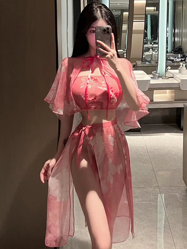 Estilo antigo sexy hanfu uniforme vestido elegante doce malha renda pura transparente rosa quente sexy coreano feminino topos 2023 gy3j