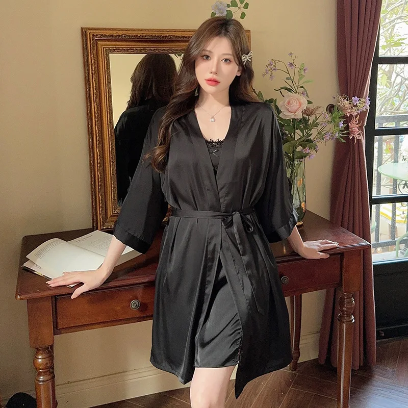 Spring Summer Bathrobe Gown Suit Female Nighty&Robe Set Sleepwear Silky Satin Kimono Sexy Lace Nightgown Lingerie Home Dress