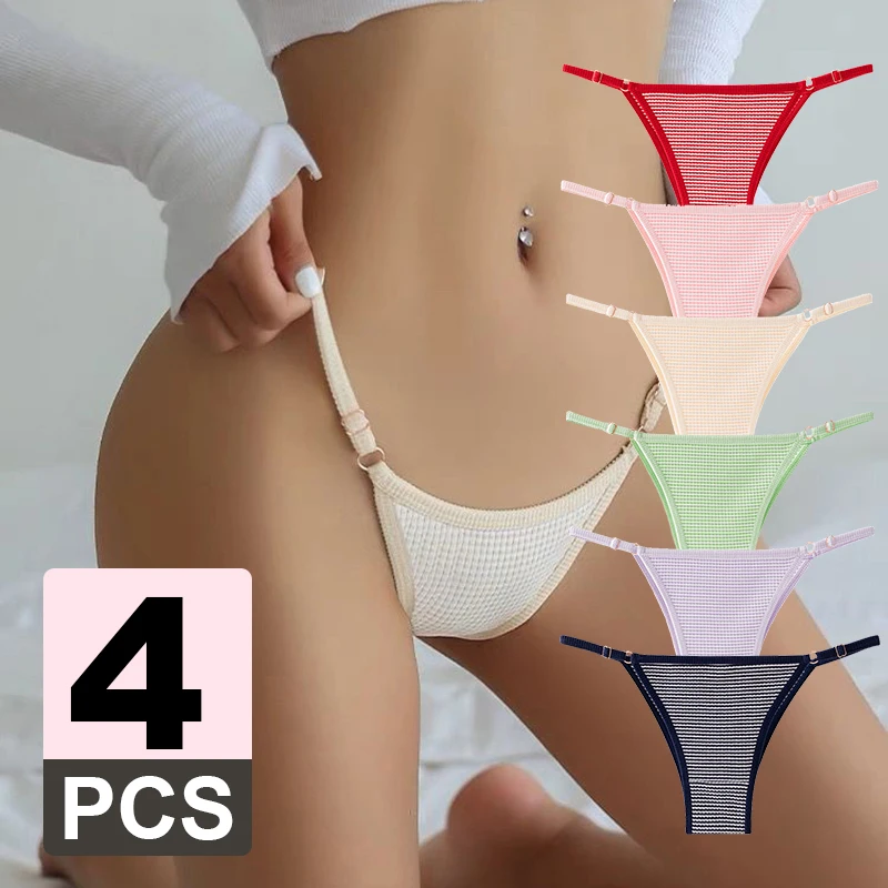 4pcs Lingeries Fine Knited Underpants Underwear Sexy Adjustable Belt Low Waisted Thong Women T-Back Soft Elastic Tanga Briefs