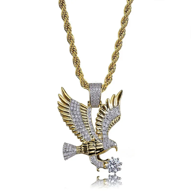 Sparkling Zircon Fly Eagle Pendant Necklace for Men Hip Hop Rock Party Jewelry