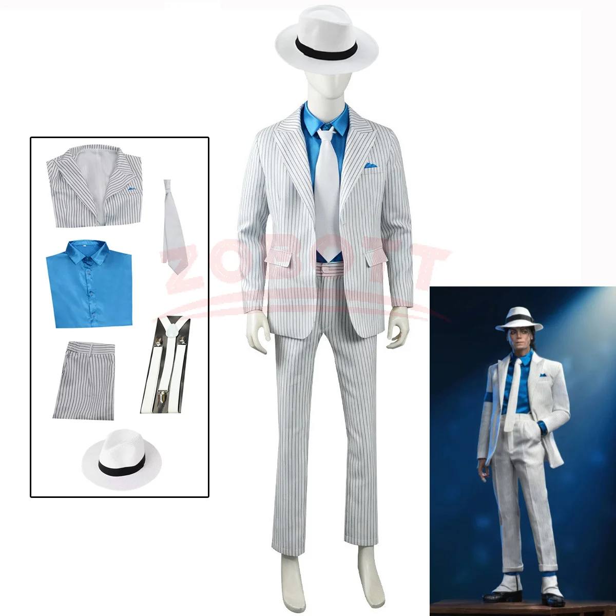 Anime Michael Cosplay Jackson Smooth Criminal Anzug Michael Jackson Cosplay Kostüm Oberteil+Hose+Hemd+Krawatte+Hut+Gürtel Halloween