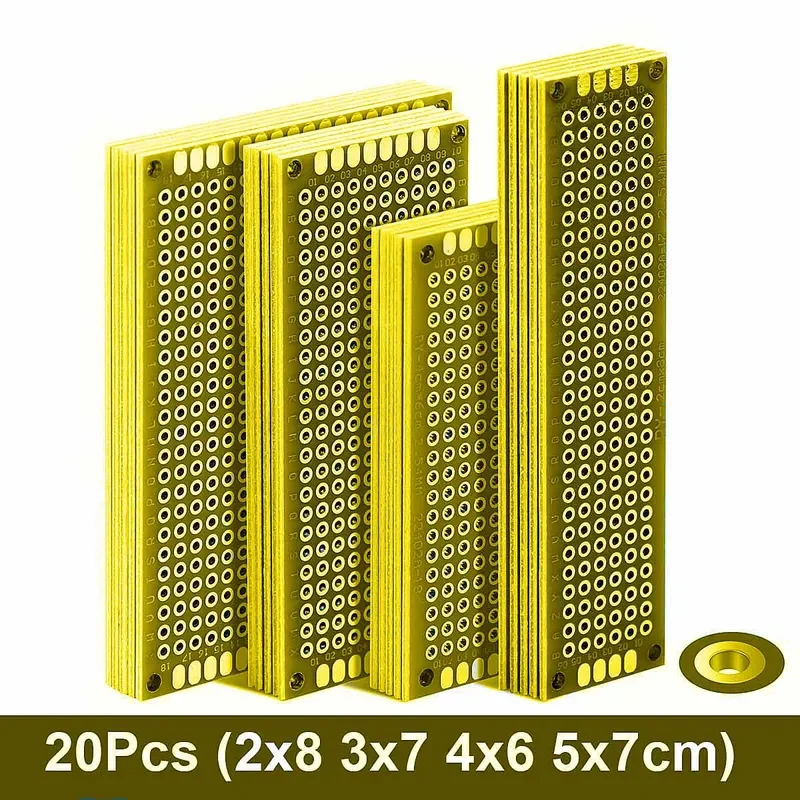 20pcs PCB Prototype Board Circuit Prototboard Universal Stripboard Prototyping Veroboard 2x8 3x7 4x6 5x7 5Pcs Each Mix Yellow