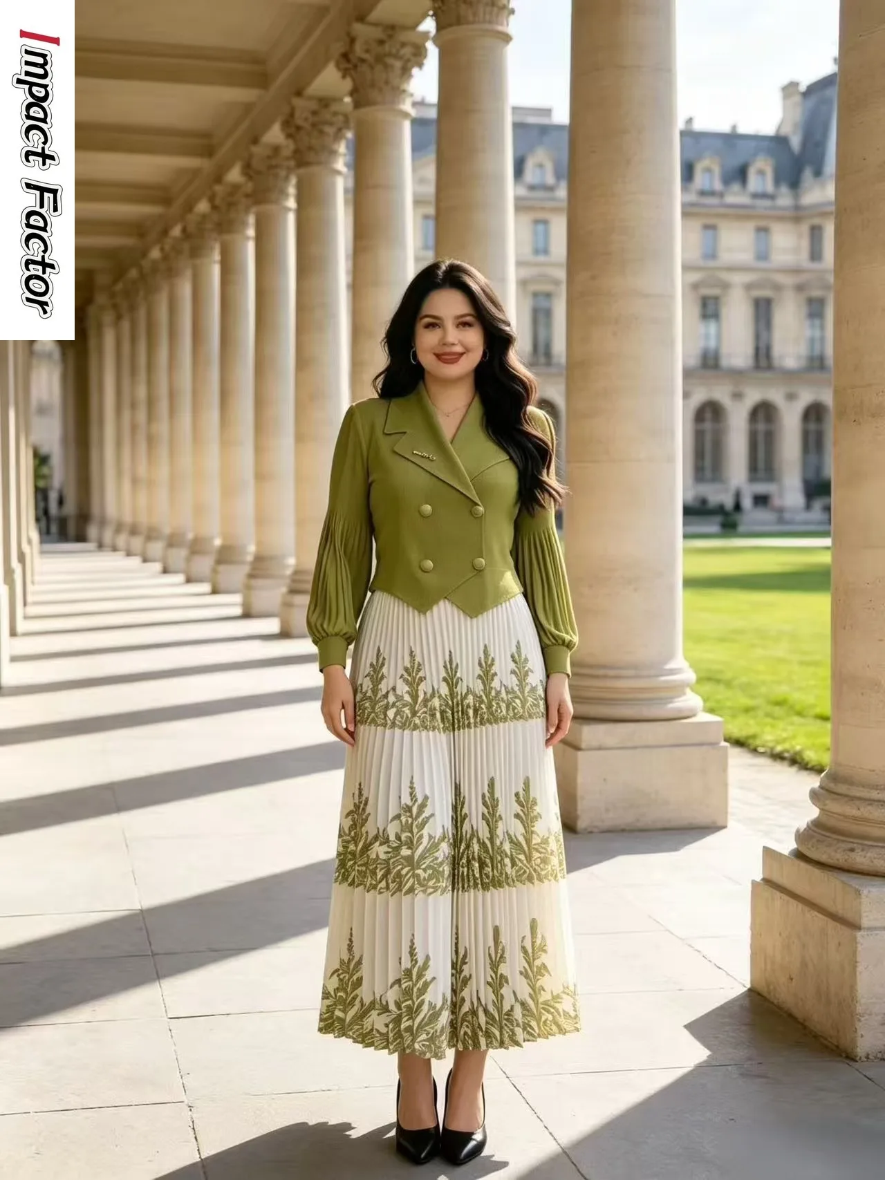 Miyake 2026 Autumn New Lantern Sleeve Branch Printing Fake Two-piece Suit Collar Color Matching Simple Dress