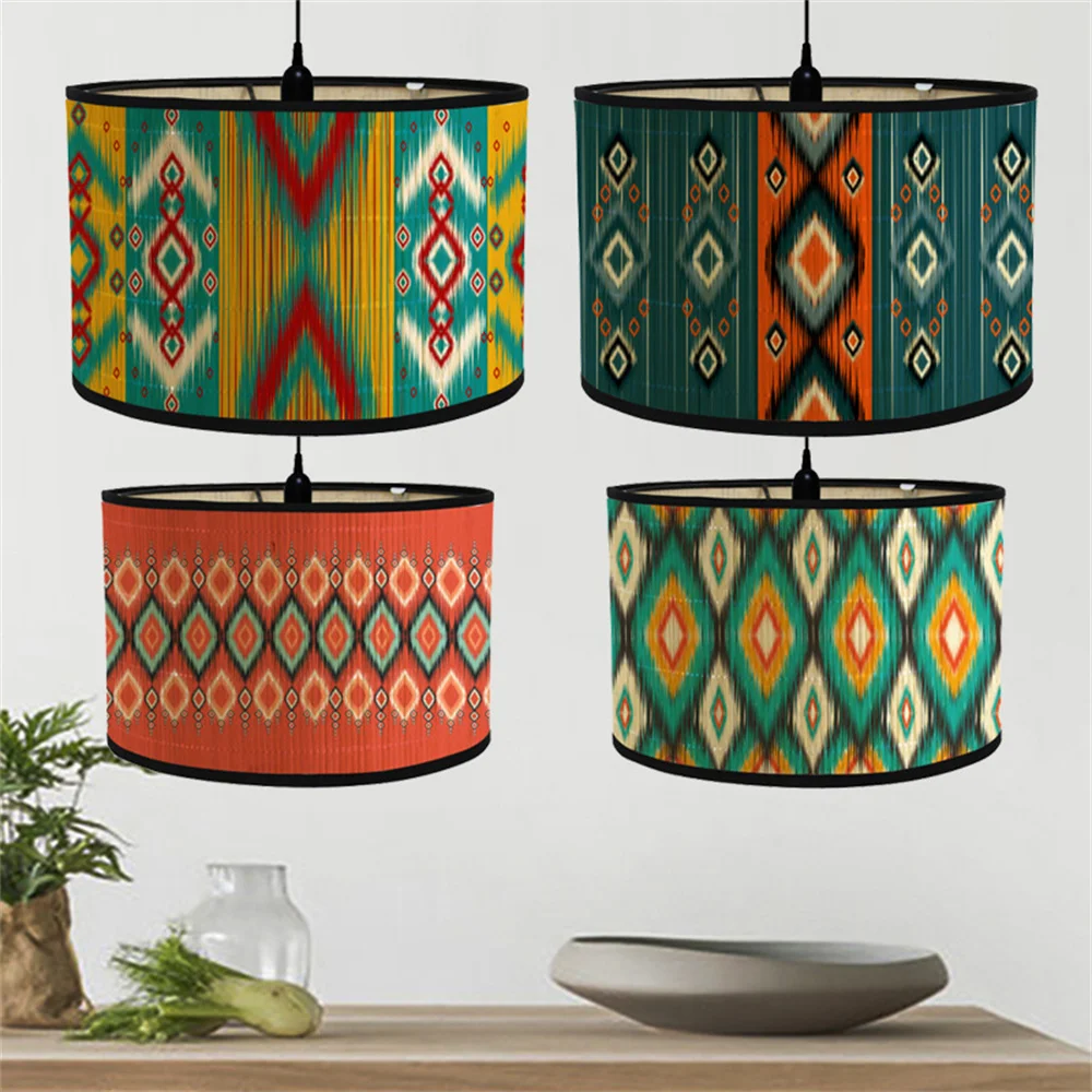 

Foldable Ethnic Style Print Lamp Shade Vintage Geometry Crafts Light Cover Colorful Homestay Decor Bamboo Lampshades Tulips Lamp